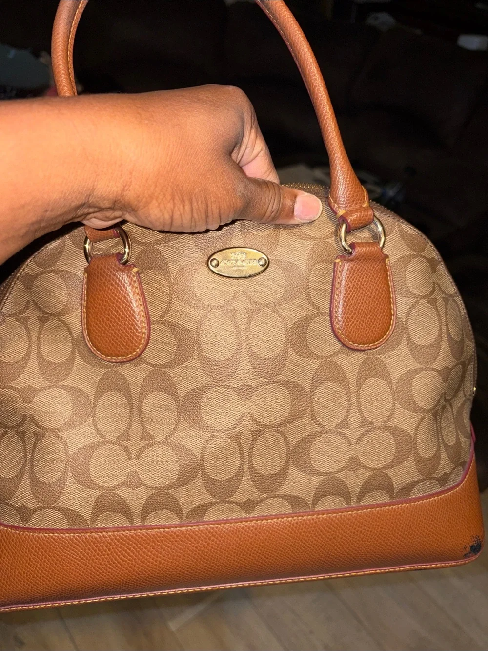 Coach Brown/Tan Signature Dome Satchel with Gold Plaque